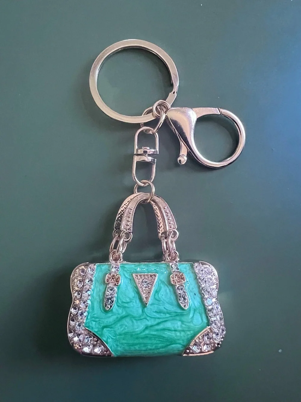 Keychain Bag Charm New Green Swirl Crystals Gold Tone